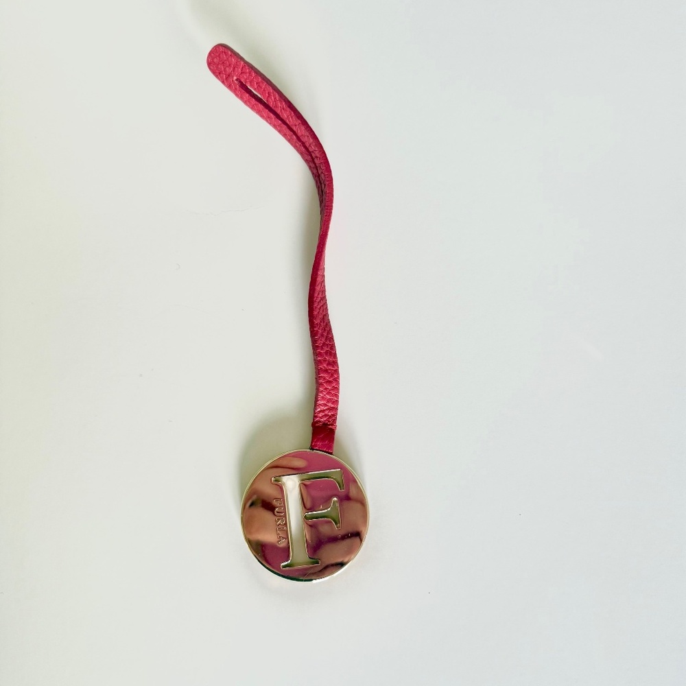 Furla Pink Leather Strap Bag Charm with Gold Initial F